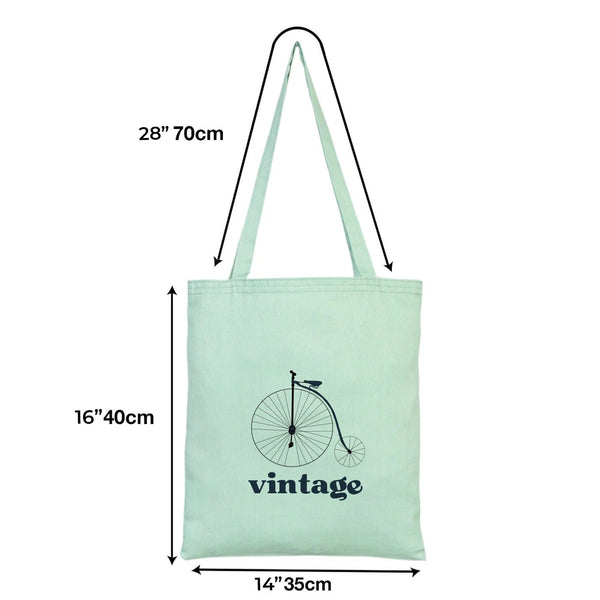 Mint green tote bag with bicycle design and measurements on a white background