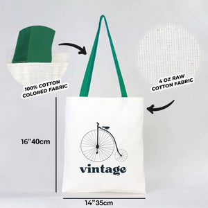 Tote bag with bicycle design and fabric details on a white background