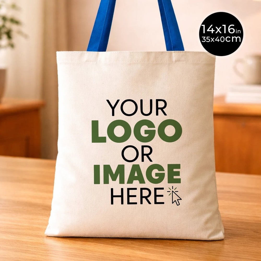 Custom Cotton Tote Bag with Saks Blue Handles – 14"x16" Eco - Friendly Logo Bag - Pamusan.com