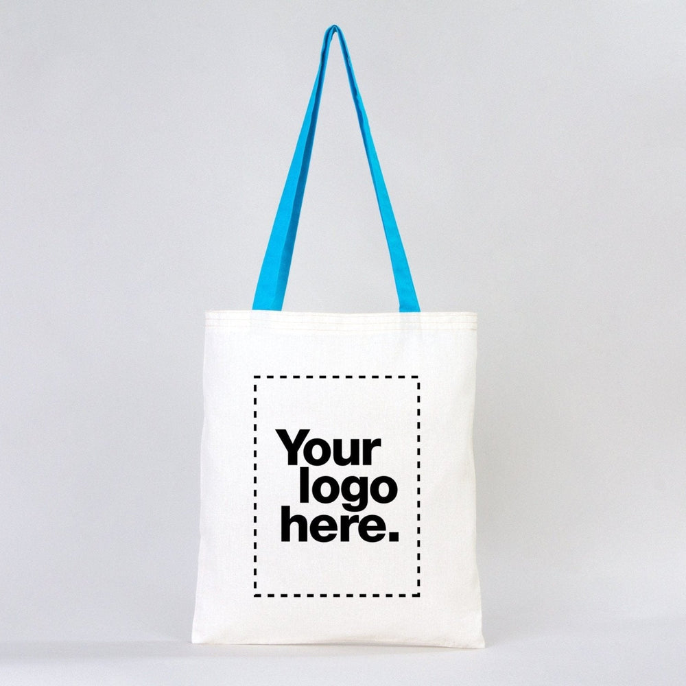 Custom Cotton Tote Bag with Turquoise Handles – 14"W x 16"H | Wholesale Organic Tote Bags - Pamusan.com
