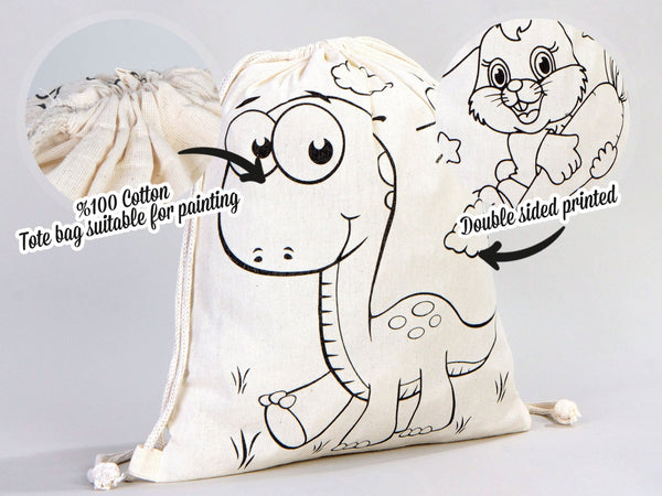 Custom Drawstring Backpacks for Kids – Dinosaur & Rabbit Design Coloring Bags — back view | Pamusan