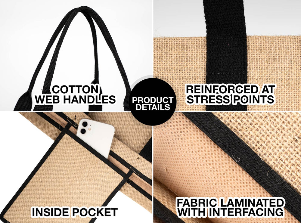 Blank Jute Tote Bag 14" x 16" x 4" – Eco - Friendly Reusable Bag with Black Handles - Pamusan.com