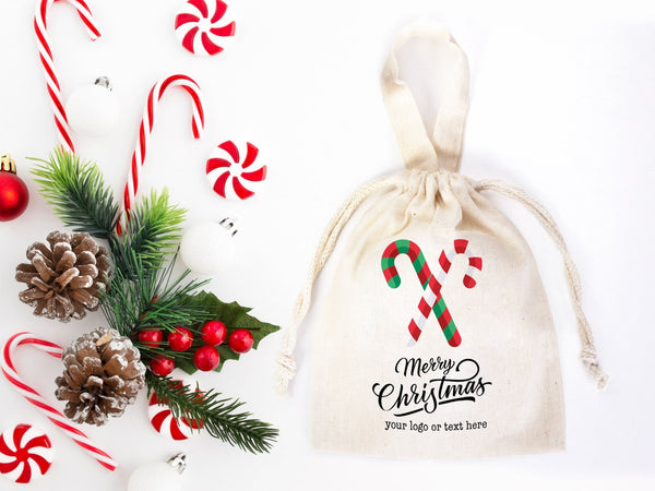 Custom Merry Christmas Bags  Logo & Text  - 6"W x 8"H - Personalized Cotton and Muslin Pouches | Pamusan