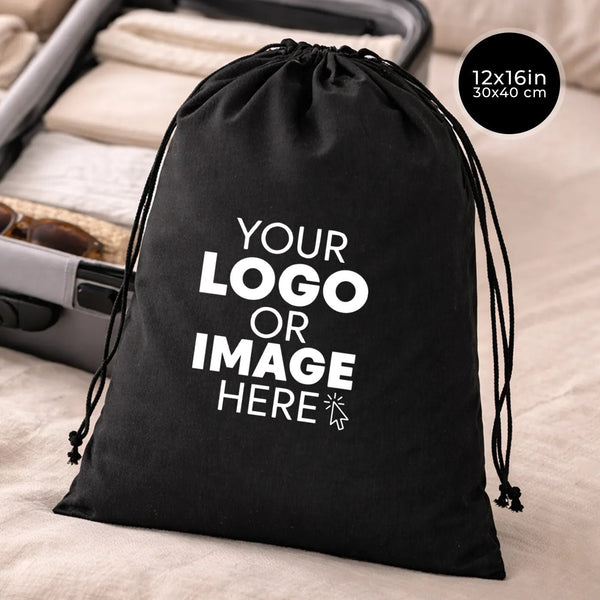Custom Printed Black Cotton Drawstring Pouch – 12" × 16" – 4 oz - Pamusan.com