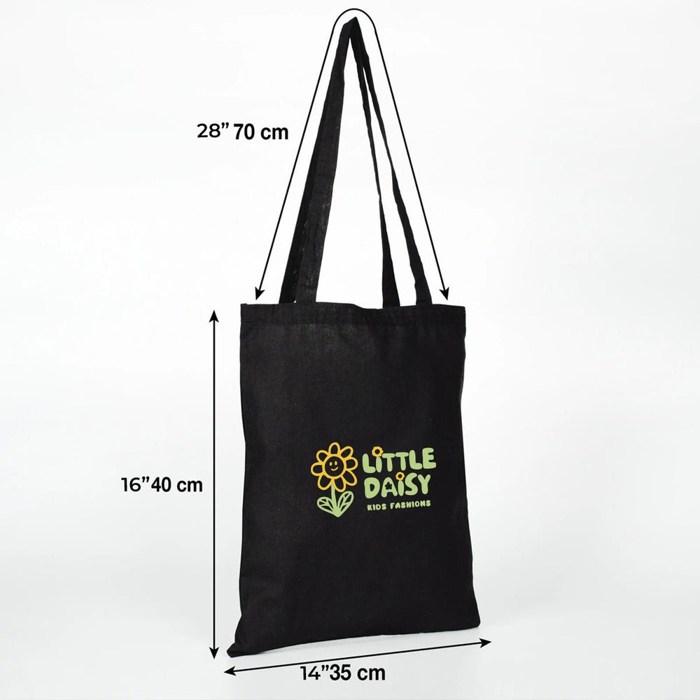 Black tote bag with customizable text 'YOUR LOGO OR IMAGE HERE' on a neutral background