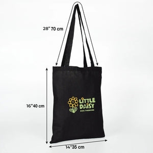 Black tote bag with 'Little Daisy' logo and dimensions on a white background
