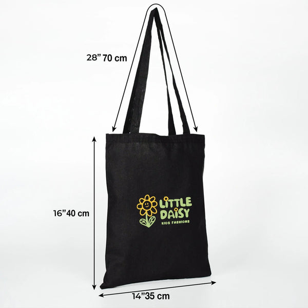 Black tote bag with 'Little Daisy' logo and dimensions on a white background
