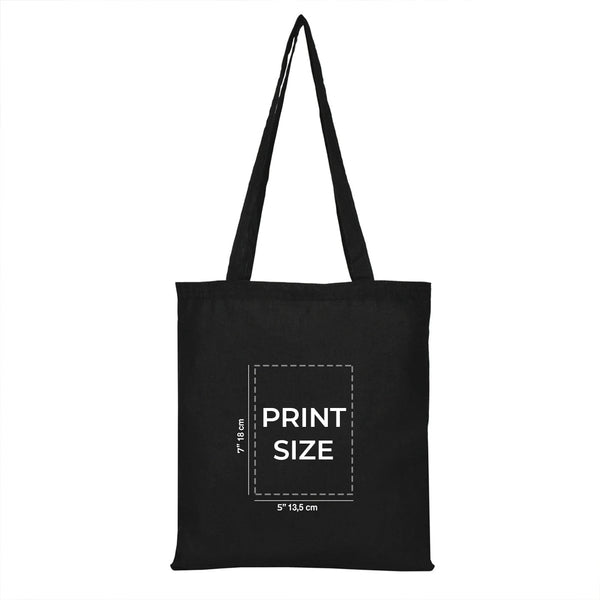 Black tote bag with print size measurement on a white background
