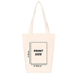 Beige tote bag with print size measurement on a white background