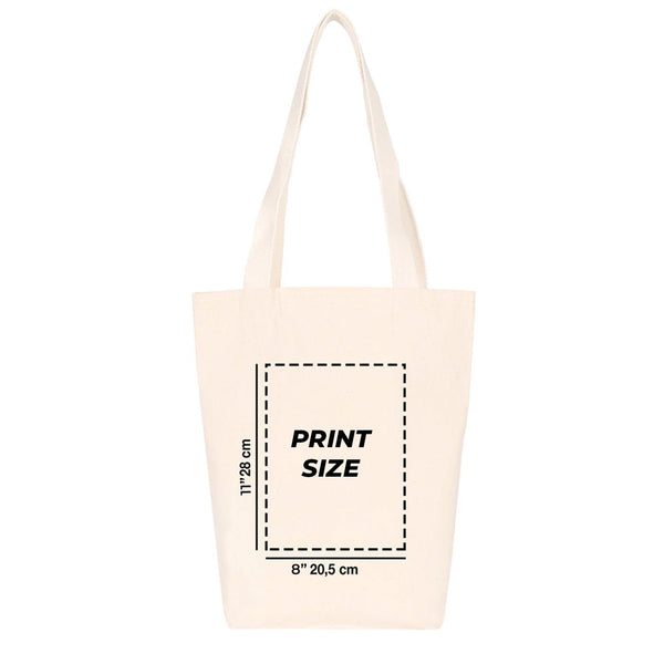 Beige tote bag with print size measurement on a white background