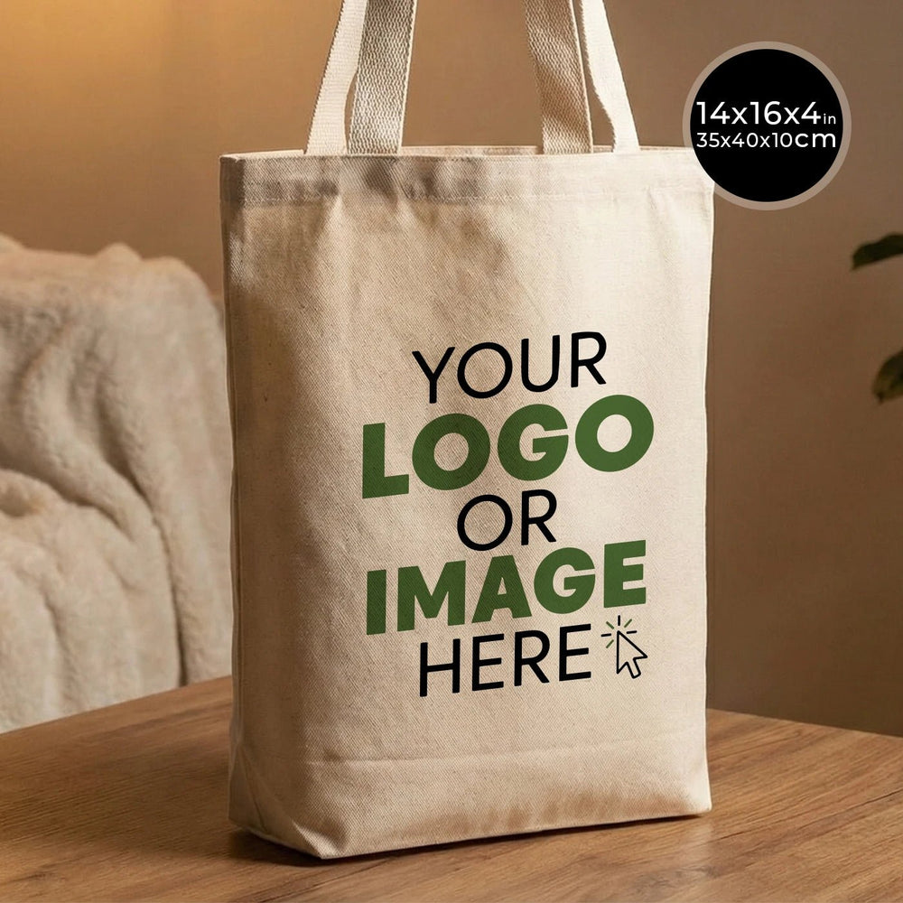 Beige tote bag with customizable text on a wooden surface
