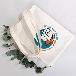 Canvas tote bag with a design on a light gray background