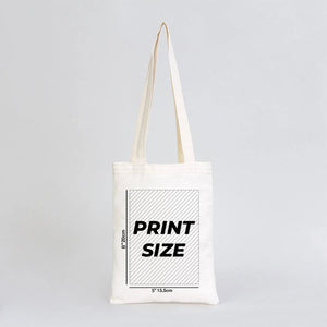 Tote bag with 'PRINT SIZE' text on a gray background