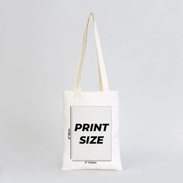 Tote bag with 'PRINT SIZE' text on a gray background