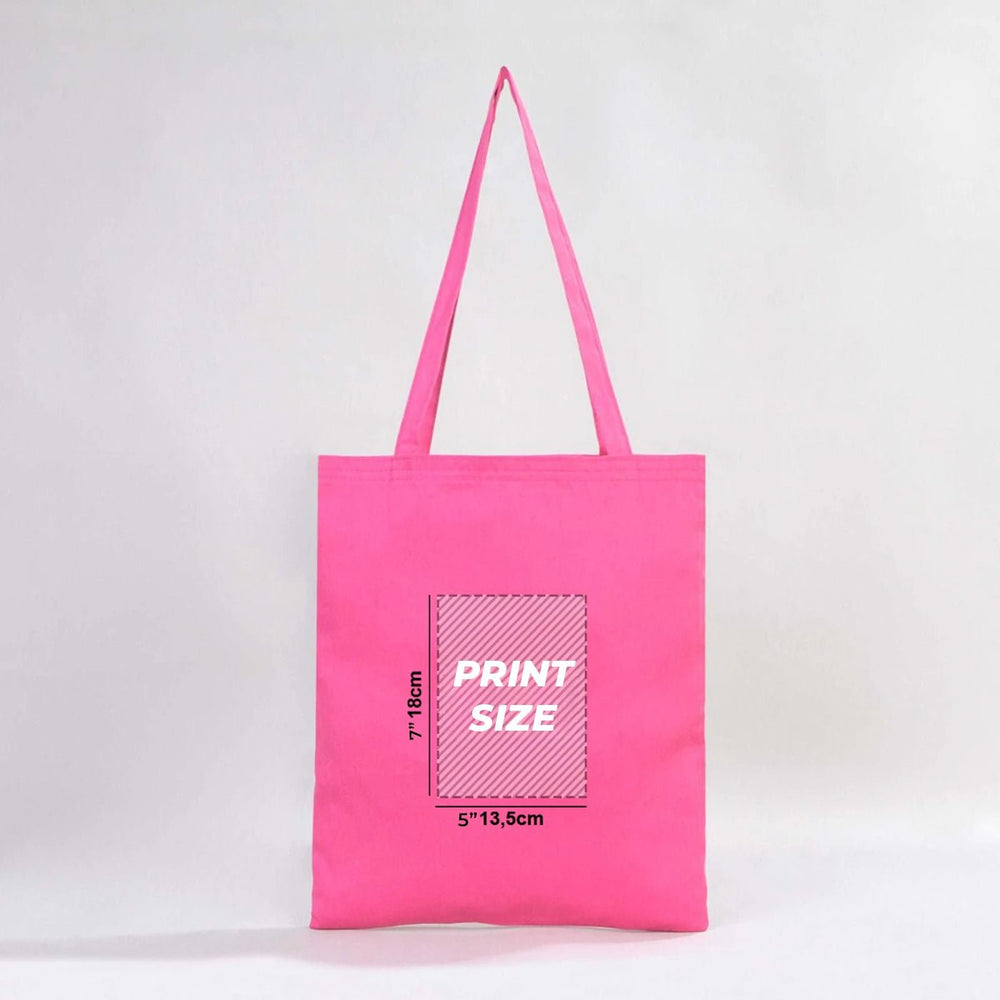Pink tote bag with 'Your Logo or Image Here' text, held by a person in a casual setting.