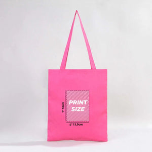 Pink tote bag with text on a white background