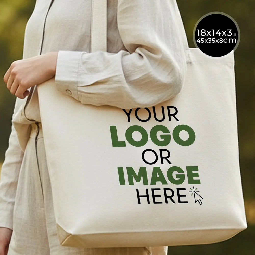 Custom Printed Natural Canvas Tote Bag with Woven Handles – 18" × 14" × 3" (45 × 35 × 8 cm) – Thick 10 oz Cotton | Pamusan