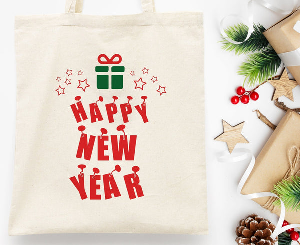 Custom Happy New Year Tote Bag –  14" × 16"  (35 x 40 cm) Personalized Cotton Bag — logo detail | Pamusan