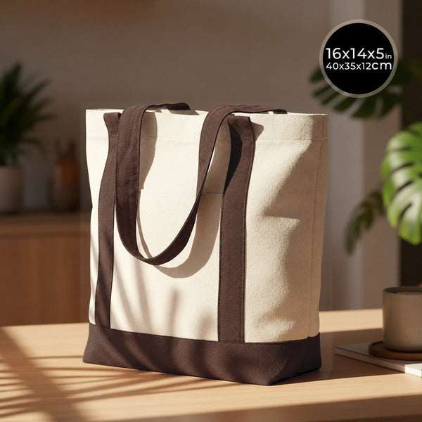 Canvas tas met donkerbruine hengsels, 40 x 35 x 12 cm – onbedrukte katoenen tas - Pamusan.nl