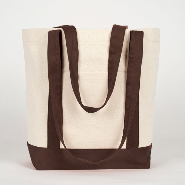 Vooraanzicht van de onbedrukte canvas tas met donkerbruine hengsels - Pamusan.nl