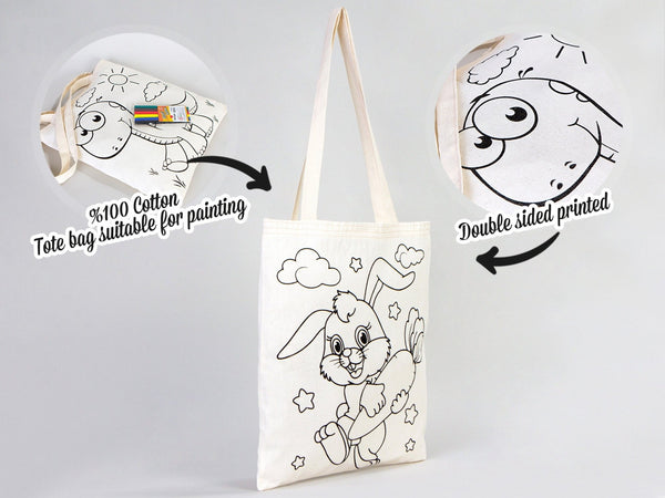 Dinosaur & Rabbit Coloring Tote Bag for Kids – Reusable Cotton Painting Activity Bag — view 7 | Pamusan