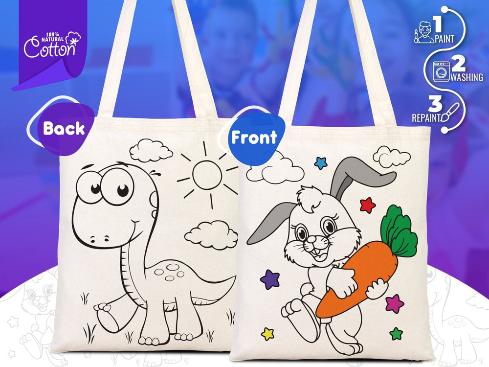 Dinosaur & Rabbit Coloring Tote Bag for Kids – Reusable Cotton Painting Activity Bag | Pamusan