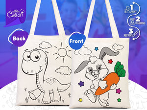 Dinosaur & Rabbit Coloring Tote Bag for Kids – Reusable Cotton Painting Activity Bag | Pamusan