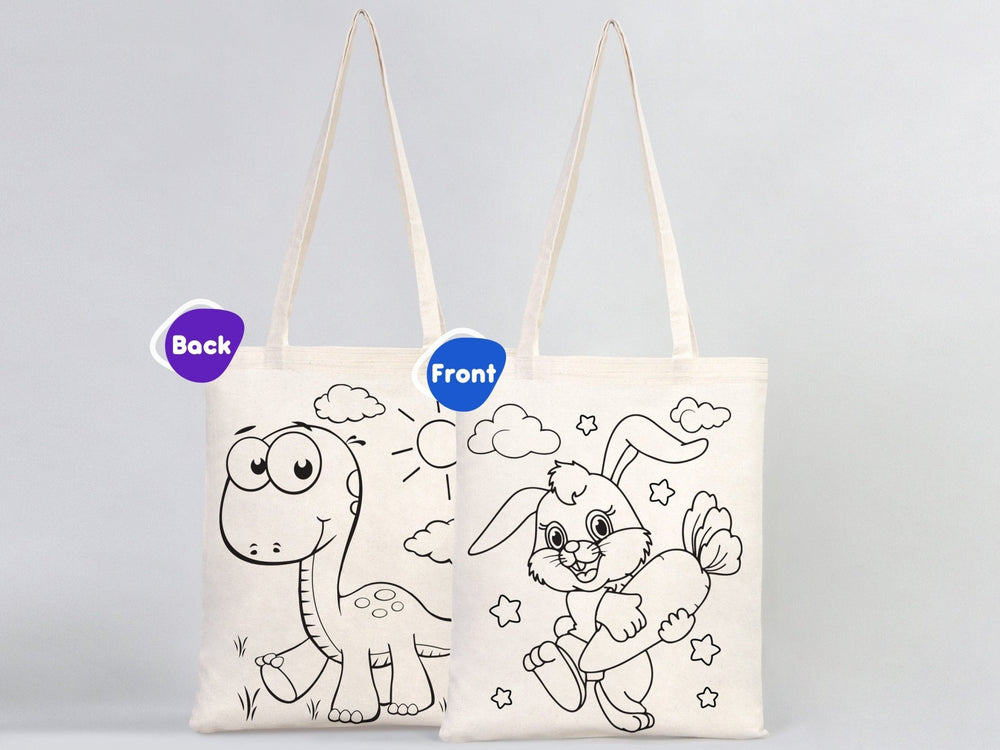 Dinosaur & Rabbit Coloring Tote Bag for Kids – Reusable Cotton Painting Activity Bag | Pamusan