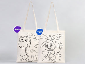 Dinosaur & Rabbit Coloring Tote Bag for Kids – Reusable Cotton Painting Activity Bag — alternate view | Pamusan
