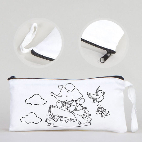 Dyeable Fabric Pencil Case - 8" W x 4" H (21cm x 10cm) Adventurous Elephant - Pamusan.com
