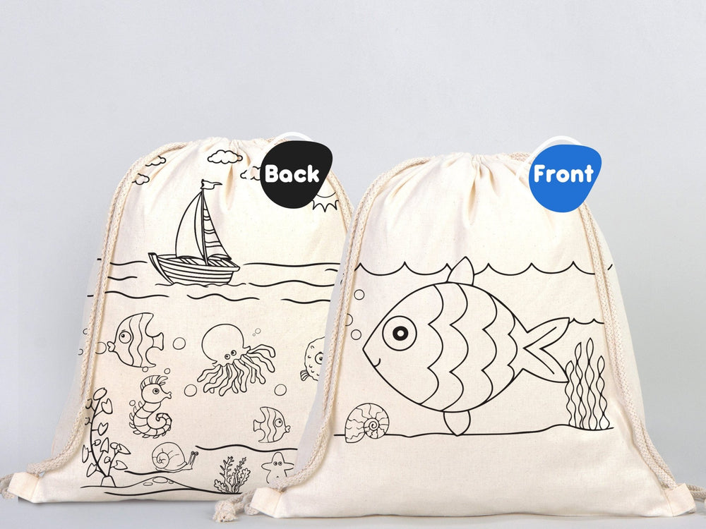 Fish Coloring Drawstring Bag for Kids – Cotton Backpack for Crafts | Pamusan