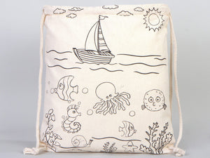Fish Coloring Drawstring Bag for Kids – Cotton Backpack for Crafts — back view | Pamusan