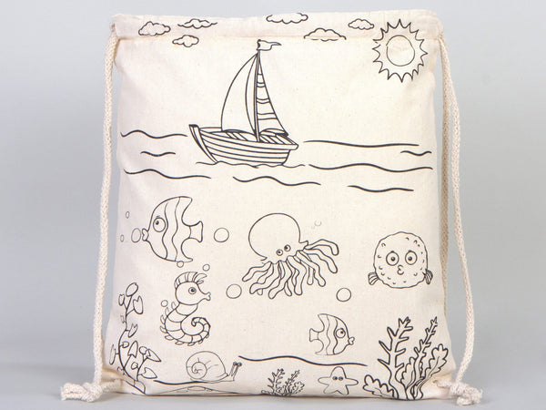 Fish Coloring Drawstring Bag for Kids – Cotton Backpack for Crafts — back view | Pamusan