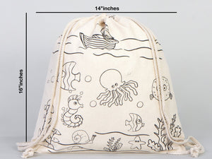 Fish Coloring Drawstring Bag for Kids – Cotton Backpack for Crafts — back view | Pamusan