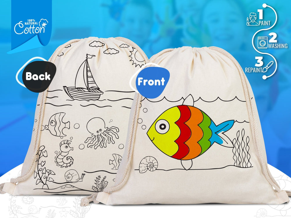 Fish Coloring Drawstring Bag for Kids – Cotton Backpack for Crafts | Pamusan