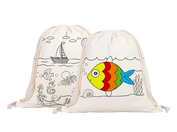 Fish Coloring Drawstring Bag for Kids – Cotton Backpack for Crafts — back view | Pamusan