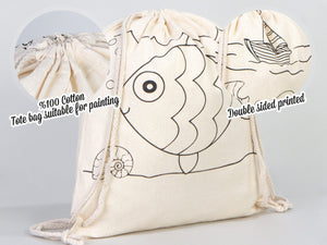 Fish Coloring Drawstring Bag for Kids – Cotton Backpack for Crafts — back view | Pamusan