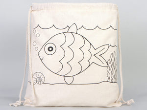 Fish Coloring Drawstring Bag for Kids – Cotton Backpack for Crafts — back view | Pamusan