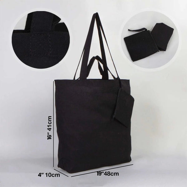 Foldable Cotton Shopping Bag with Black Clutch – 19" × 16" × 4" (48 × 41 × 10 cm) - 4 oz - Pamusan.com