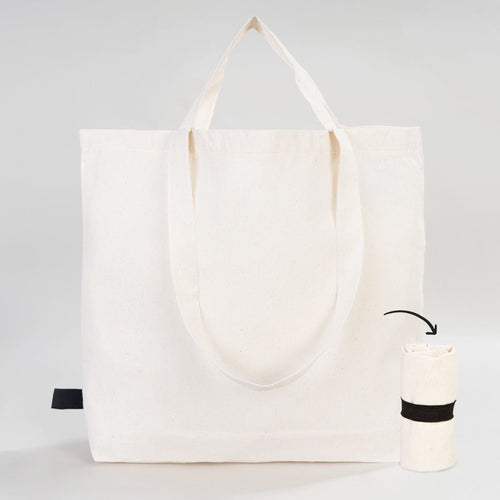 White tote bag with black accents on a light gray background