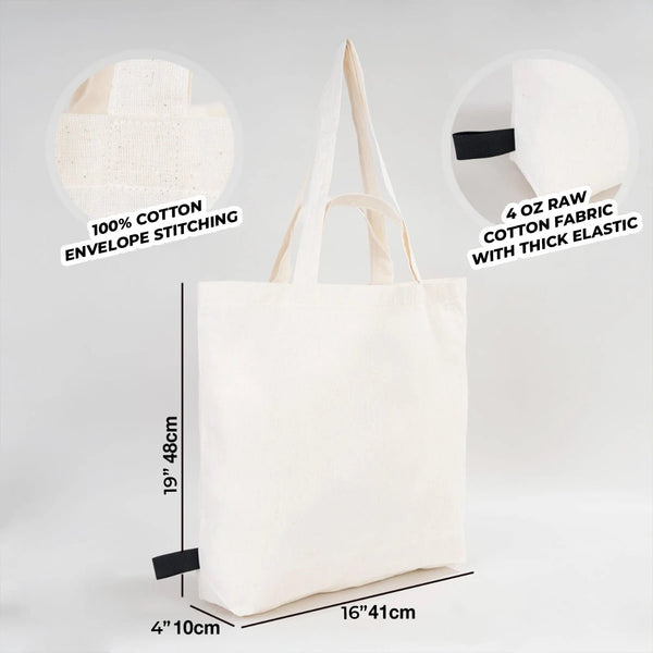 White tote bag with text labels on fabric and stitching details, and dimensions displayed.