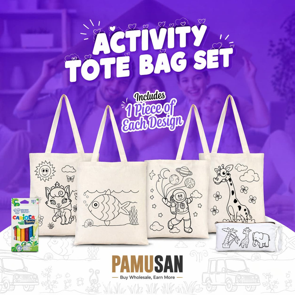 Fun Activity Set | 4 Double - Sided Colorable Totes/ Pencil Pouch 14"x16" / Fabric Marker - Pamusan.com