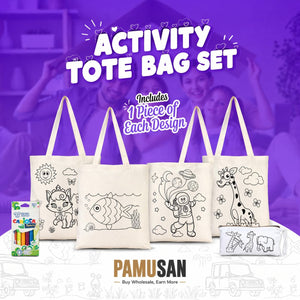 Fun Activity Set | 4 Double - Sided Colorable Totes/ Pencil Pouch 14"x16" / Fabric Marker - Pamusan.com