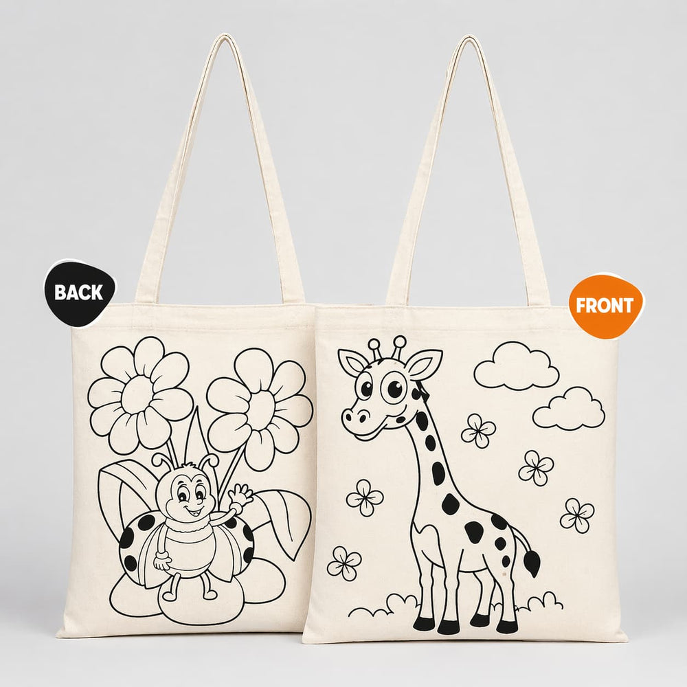 Washable Kids Coloring Tote Bag Set – 5 Reusable Cotton Bags, Pencil Case & 12 Color Markers - Pamusan.com