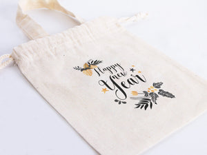 Happy New Year Bear Favor Bags  6" x 8" (15 cm x 20 cm) – Personalized Cotton & Muslin Pouches — back view | Pamusan