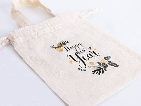 Happy New Year Bear Favor Bags  6" x 8" (15 cm x 20 cm) – Personalized Cotton & Muslin Pouches — back view | Pamusan
