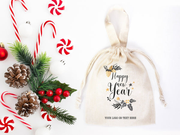 Happy New Year Bear Favor Bags  6" x 8" (15 cm x 20 cm) – Personalized Cotton & Muslin Pouches | Pamusan
