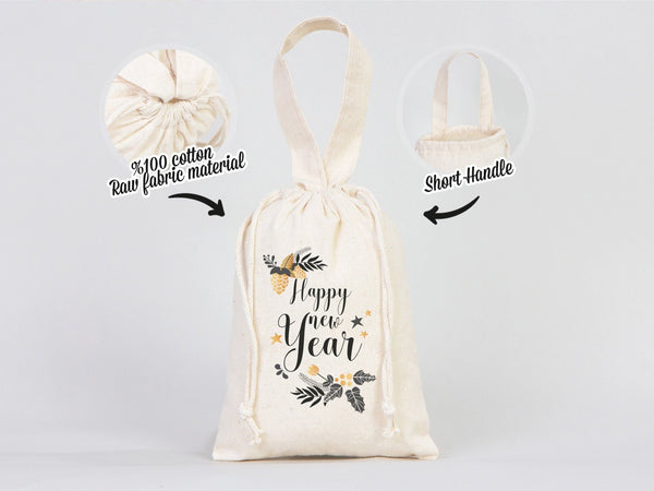 Happy New Year Bear Favor Bags  6" x 8" (15 cm x 20 cm) – Personalized Cotton & Muslin Pouches — detail view | Pamusan