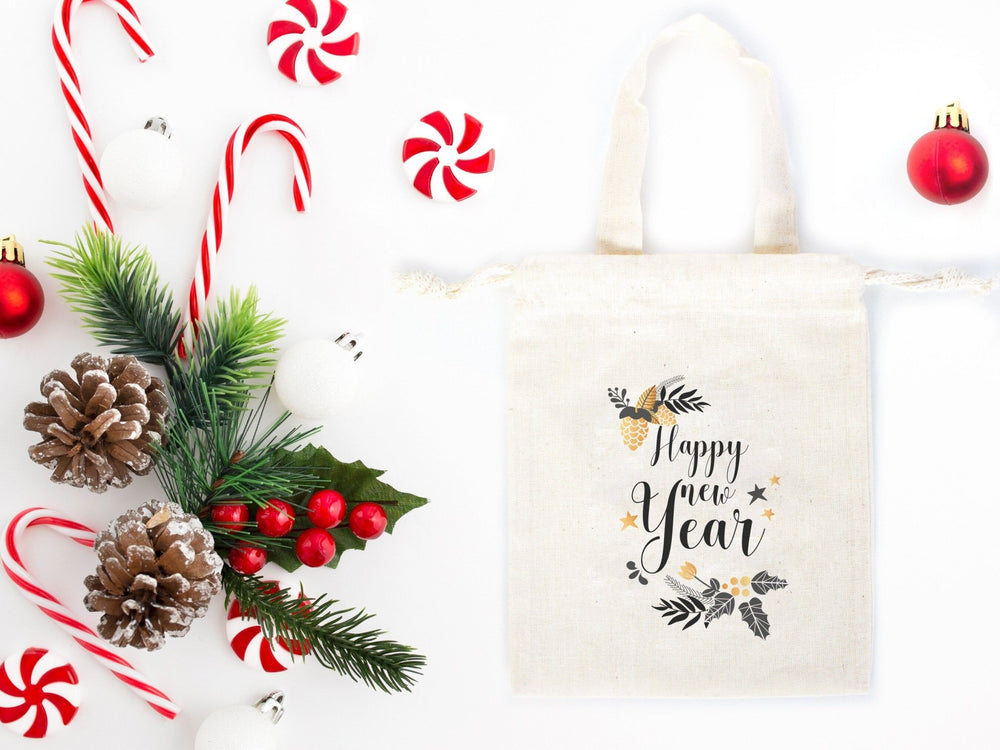 Happy New Year Bear Favor Bags  6" x 8" (15 cm x 20 cm) – Personalized Cotton & Muslin Pouches | Pamusan