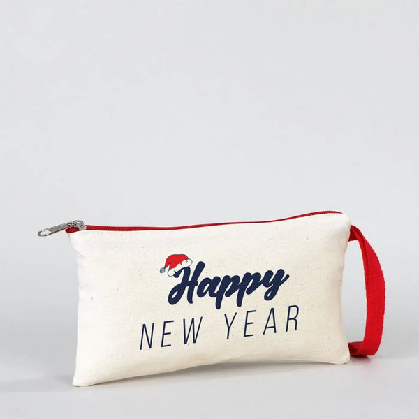 Happy New Year Pencil Case – Festive Holiday Design with Red Zipper Handle - Pamusan.com